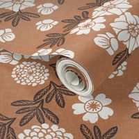 LARGE linocut blossoms fabric - interiors boho brown design block print fabric