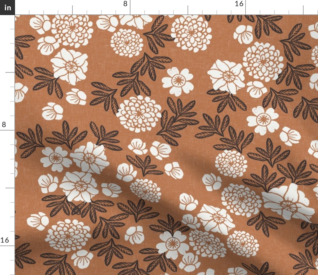 LARGE linocut blossoms fabric - interiors boho brown design block print fabric