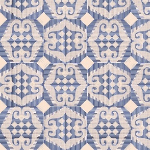 ikat diamonds with scrolls plain blue white