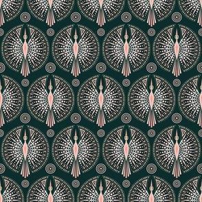 Coral and Green Art Deco Crane with circles on emerald bg