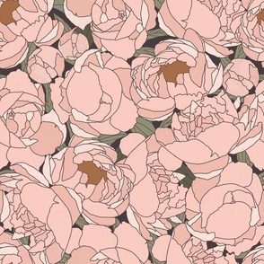 Peonies - Brown Centres Large on Grey