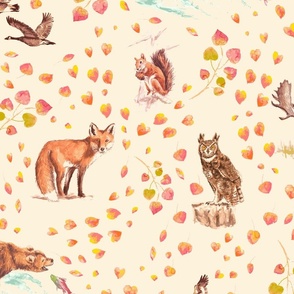 Forest Friends /  Large Scale / 230301 - Wildlife backgrounds in autumn colours of Bear, Moose, Squirrel, Owl, Fox, Geese, and Colorful Leaves (24 inch wide repeat)