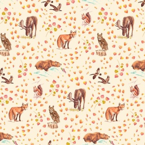 Forest Friends / Medium Scale / 230101 - Wildlife Backgrounds Bear, Moose, Squirrel, Owl, Fox, Geese, and Colorful Leaves (12 inch wide repeat)