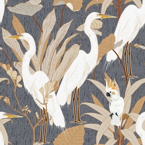 White Cranes Cockatoo Linen Silver Large