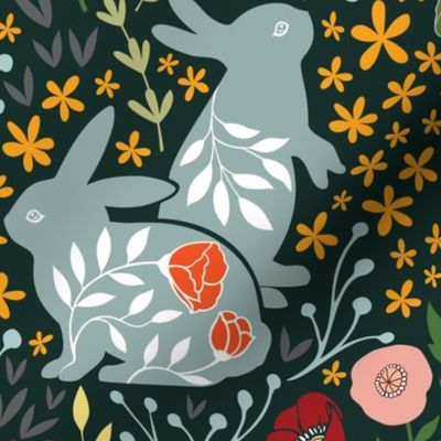 Bunny Rabbits, Poppies, and Foliage | Dark Green Background
