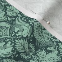 doll scale fancy damask with animals, dark sea greens