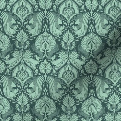 doll scale fancy damask with animals, dark sea greens