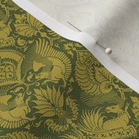 doll scale fancy damask with animals, mustard on dark olive