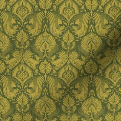 doll scale fancy damask with animals, mustard on dark olive