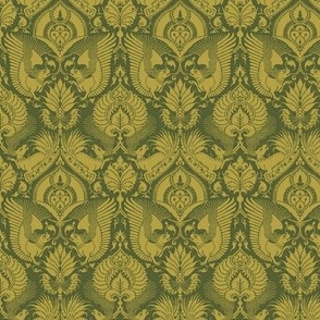 doll scale fancy damask with animals, mustard on dark olive