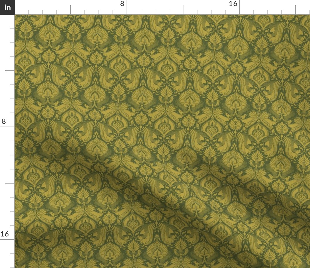 doll scale fancy damask with animals, mustard on dark olive