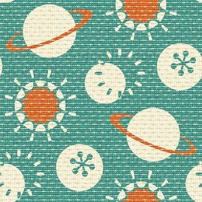 Interplanetary Polka Dots - Tan & Orange on Aquamarine