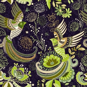 Folk Birds of Paradise in Green and Tan on Midnight Blue