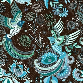 Folk Birds of Paradise in Turquoise and Mint on Dark Brown