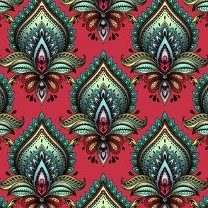 Shimmering Paisley Damask in Turquoise on Crimson