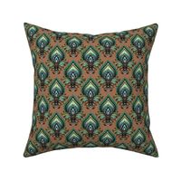 Shimmering Paisley Damask in Turquoise on Light Brown