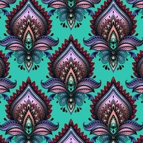 Shimmering Paisley Damask in Lilac and Red on Turquoise