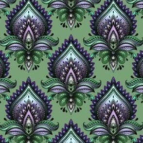 Shimmering Paisley Damask in Amethyst on Muted Green