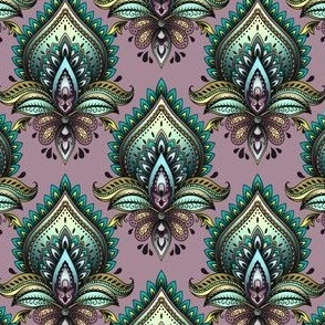 Shimmering Paisley Damask in Aqua and Turquoise on Mauve