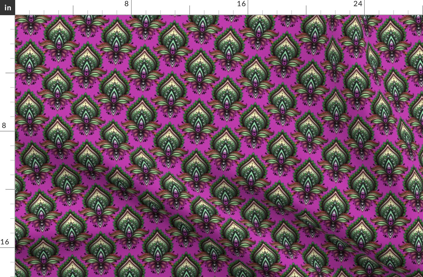 Shimmering Paisley Damask in Mint on Fuchsia