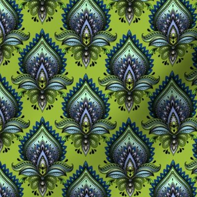 Shimmering Paisley Damask in Peacock on Spring Green
