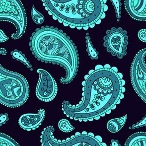 Folk Paisleys in Cyan on Ultraviolet