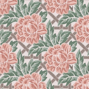 Peach peonies and green foliage on a taupe lattice, classic meets modern.