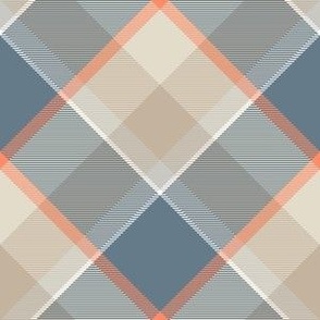 Plaid in muted blue, beige, light taupe, gray, orange and white - diagonal