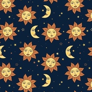 Vintage day and night - moon and sunshine galaxy design mystic universe and stars yellow caramel on navy blue