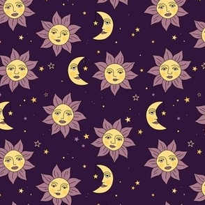 Vintage day and night - moon and sunshine galaxy design mystic universe and stars yellow purple violet