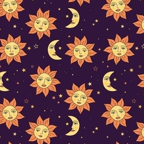Vintage day and night - moon and sunshine galaxy design mystic universe and stars yellow orange on deep purple