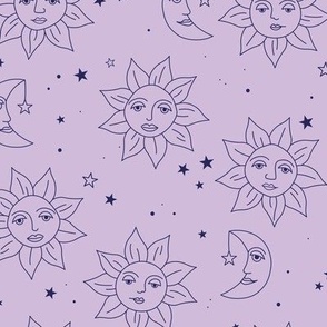 Boho sunshine moon and stars - smiley sun and night moon retro style freehand outline universe tarot theme navy on purple lilac