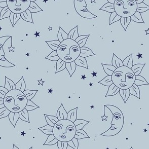 Boho sunshine moon and stars - smiley sun and night moon retro style freehand outline universe tarot theme navy on moody sky blue