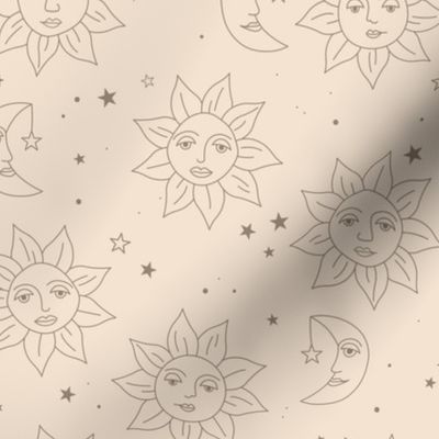 Boho sunshine moon and stars - smiley sun and night moon retro style freehand outline universe tarot theme warm gray on cream beige