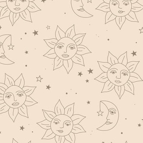 Boho sunshine moon and stars - smiley sun and night moon retro style freehand outline universe tarot theme warm gray on cream beige