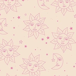 Boho sunshine moon and stars - smiley sun and night moon retro style freehand outline universe tarot theme pink on cream beige