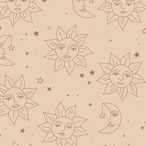 Boho sunshine moon and stars - smiley sun and night moon retro style freehand outline universe tarot theme golden caramel on beige sand