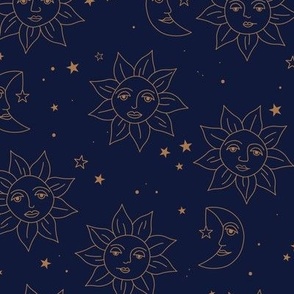 Boho sunshine moon and stars - smiley sun and night moon retro style freehand outline universe tarot theme golden caramel on navy blue night