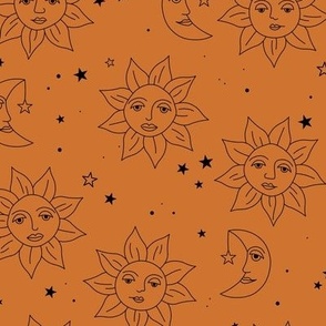 Boho sunshine moon and stars - smiley sun and night moon retro style freehand outline universe tarot theme orange