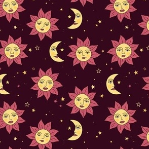 Vintage day and night - moon and sunshine galaxy design mystic universe and stars pastel yellow burgundy pink