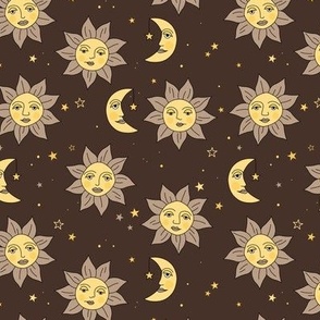 Vintage day and night - moon and sunshine galaxy design mystic universe and stars yellow warm gray chocolate brown