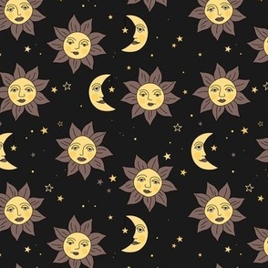 Vintage day and night - moon and sunshine galaxy design mystic universe and stars yellow gray charcoal