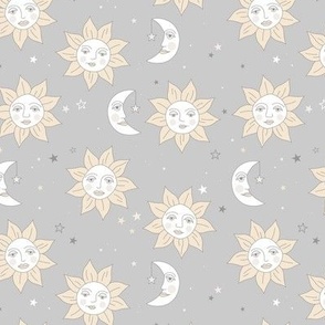 Vintage day and night - moon and sunshine galaxy design mystic universe and stars pastel yellow gray neutral