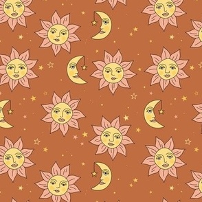 Vintage day and night - moon and sunshine galaxy design mystic universe and stars pastel yellow burnt orange pink