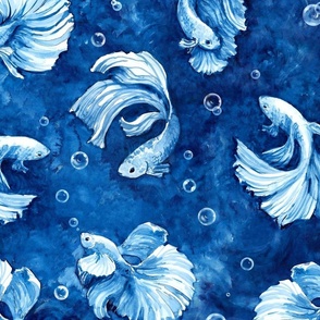 Betta and Bubbles Ultramarine Watercolor - large 24" repeat