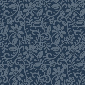 Bigger Scale Navy Fancy Floral Scroll