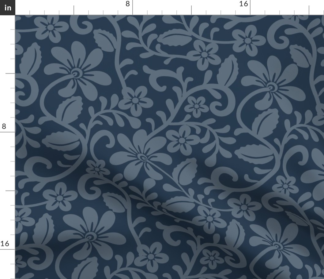 Bigger Scale Navy Fancy Floral Scroll