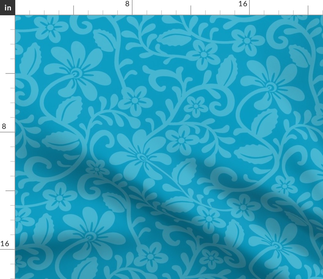 Bigger Scale Caribbean Ocean Blue Fancy Floral Scroll