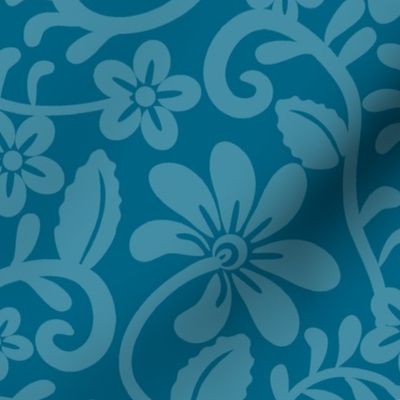 Bigger Scale Peacock Turquoise Blue Fancy Floral Scroll