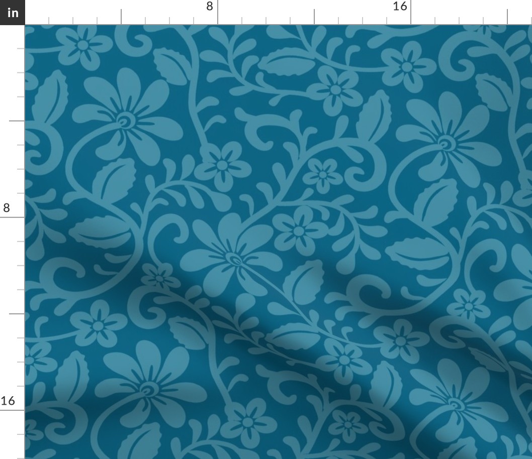 Bigger Scale Peacock Turquoise Blue Fancy Floral Scroll